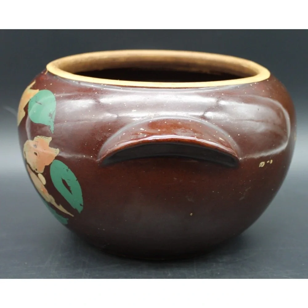 Vintage USA Pottery Brown Floral Bean Pot Crock 2 Handle Hand Painted Stoneware